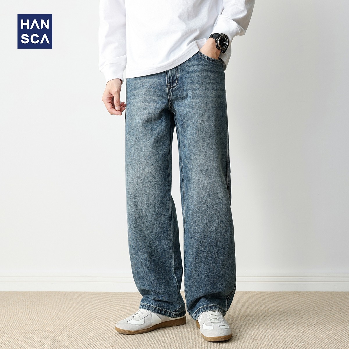 hansca387g蓝色直筒牛仔裤男2025秋季宽松阔腿垂感美式复古休闲裤