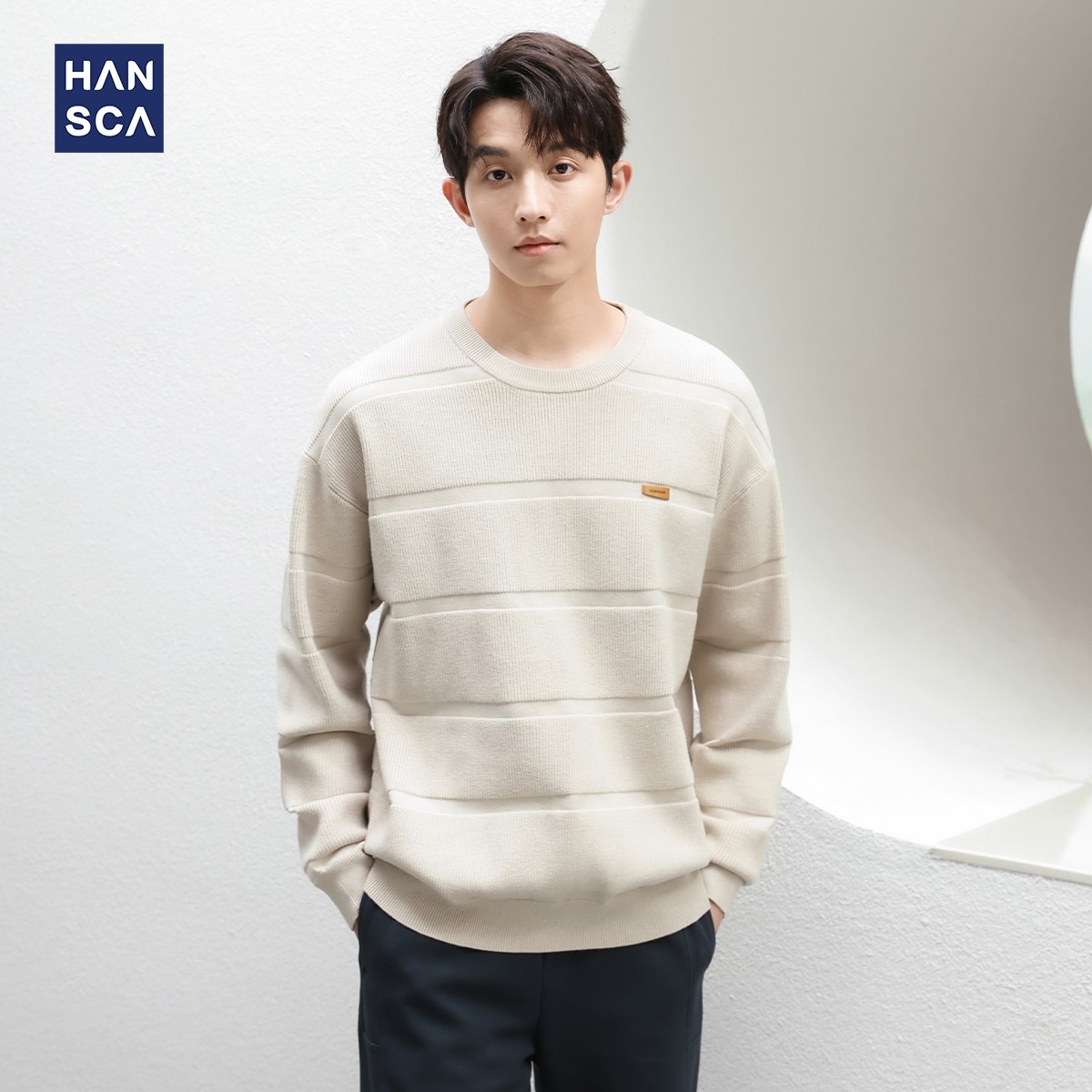 hansca慵懒风条纹毛衣男2024年冬季新款圆领套头宽松加厚针织外套