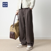 复古宽松垂感压褶抗皱保暖长裤 hansca370g绵羊毛直筒休闲裤 男秋季