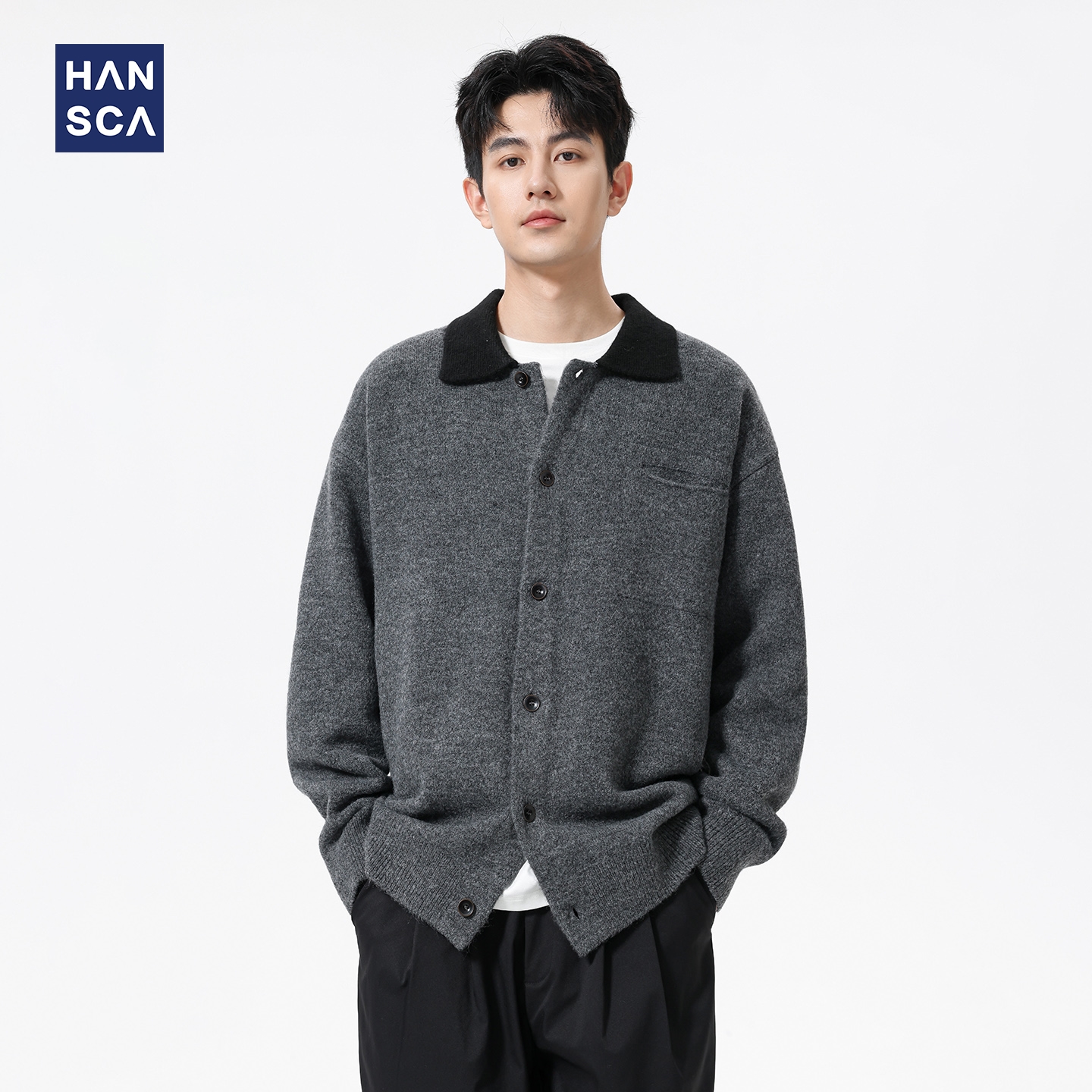 hansca570g仿牛绒针织开衫毛衣男
