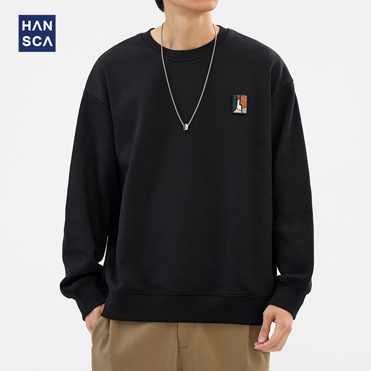 hansca黑色圆领卫衣男2024秋冬季