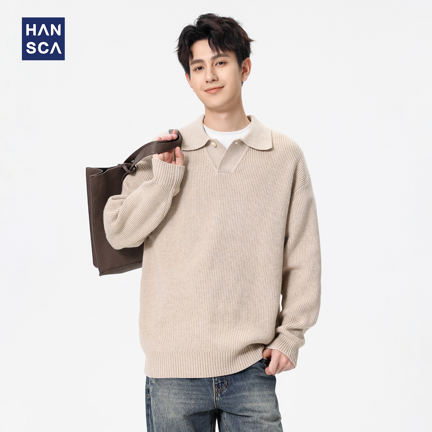 复古polo领针织衫男士宽松