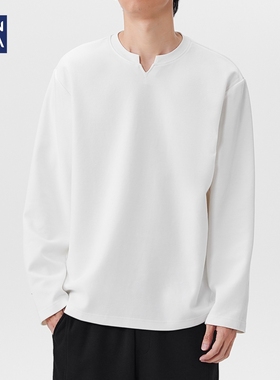 hansca  秋季310g重磅美式小V领长袖T恤男2025新款宽松微落肩上衣