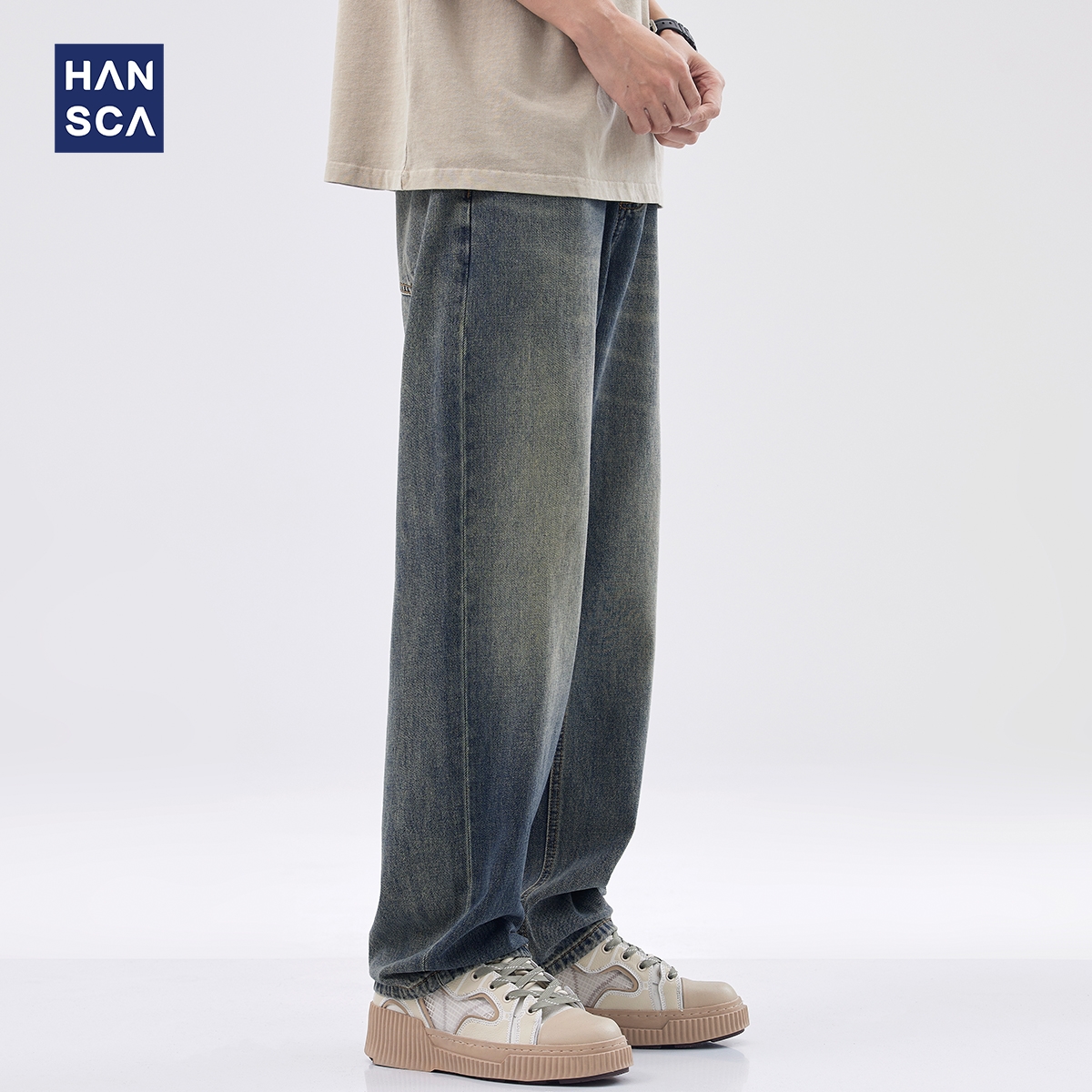 hansca美式复古水洗牛仔裤男夏季新款直筒宽松高端潮牌阔腿长裤子