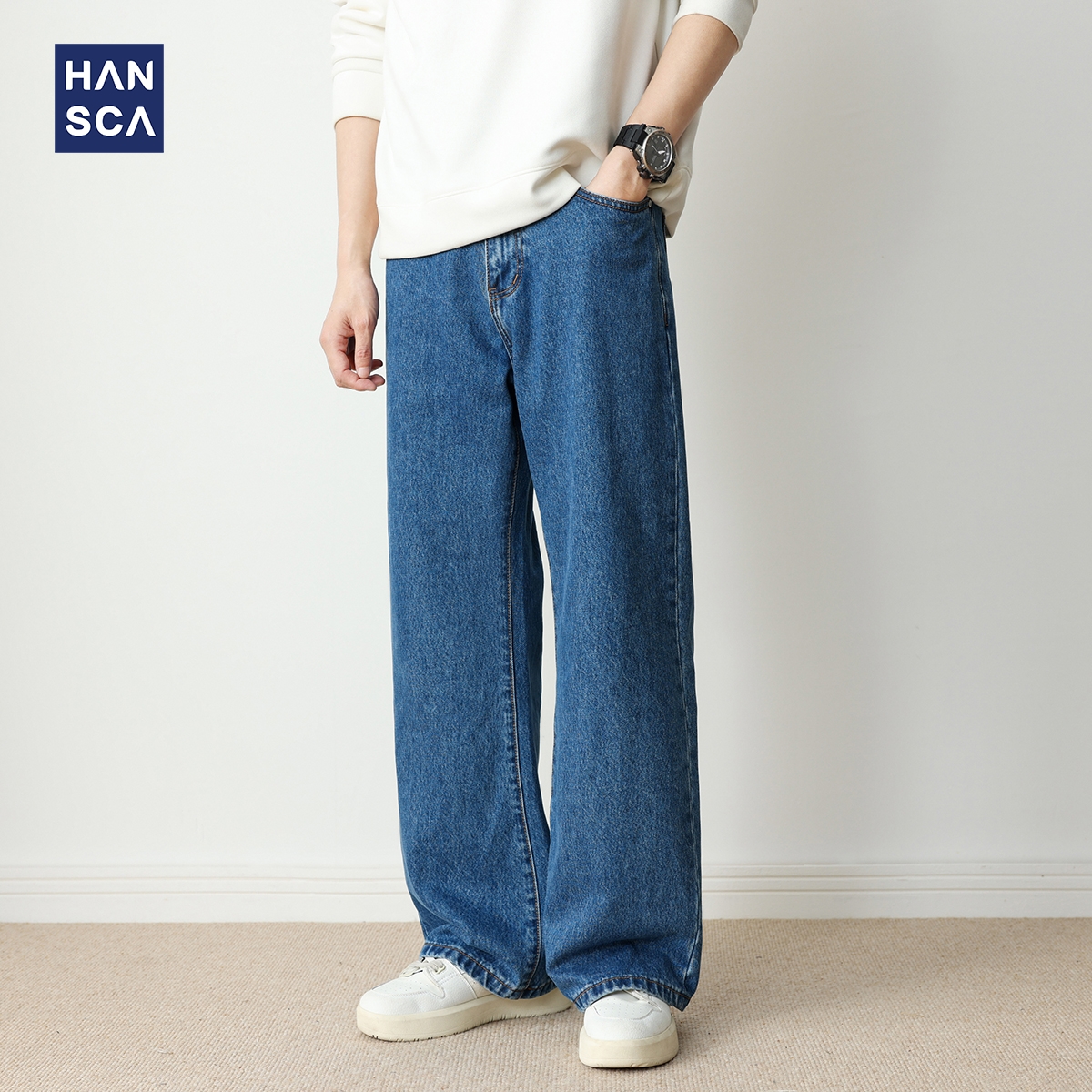 hansca439g重磅牛仔裤男款微喇2025秋季美式高街直筒宽松水洗长裤