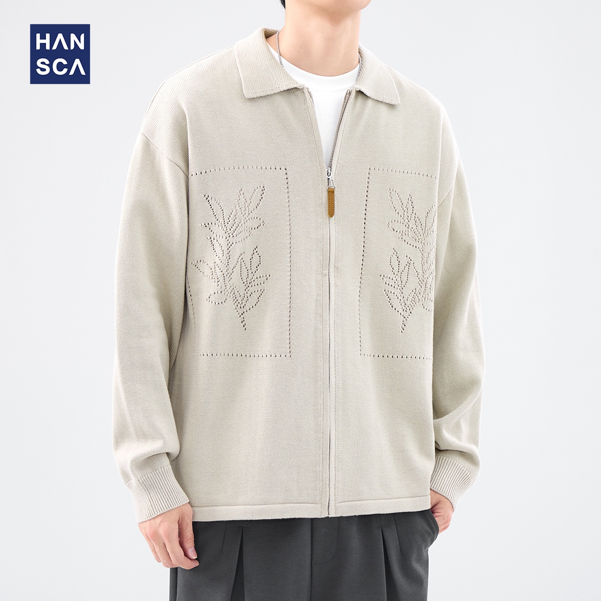 hansca镂空提花针织翻领开衫男