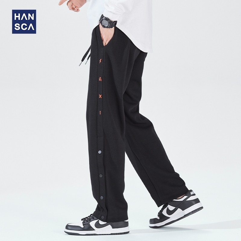 hansca重磅排扣裤子男潮牌宽松直筒运动长裤男春季阔腿休闲卫裤男,男装,卫裤,淘宝优惠券,粉丝福利购,淘宝优惠卷