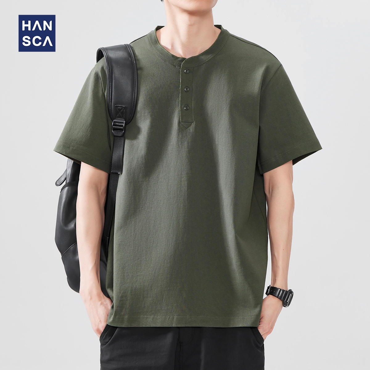 hansca美式亨利领短袖T恤纯棉