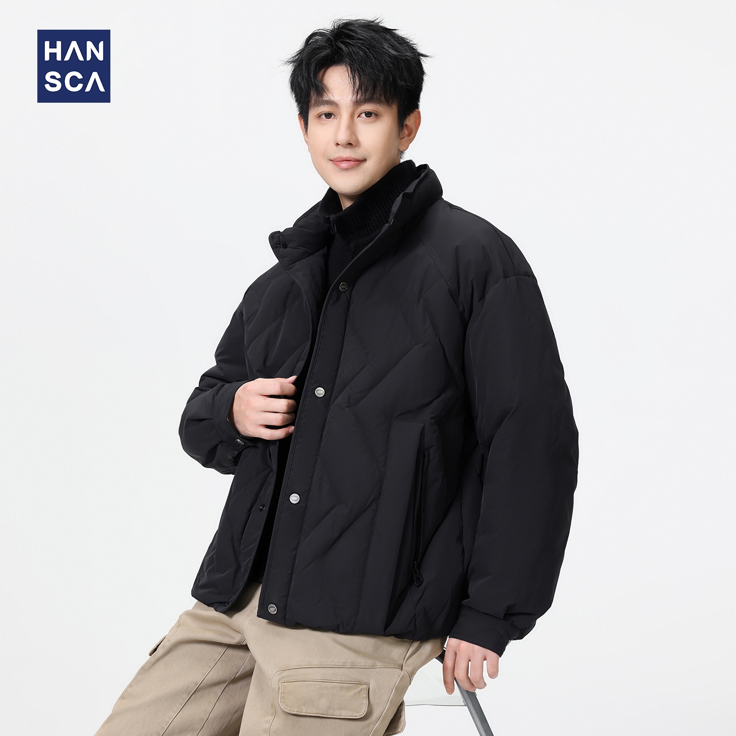 hansca90白鸭绒假两件双领羽绒服