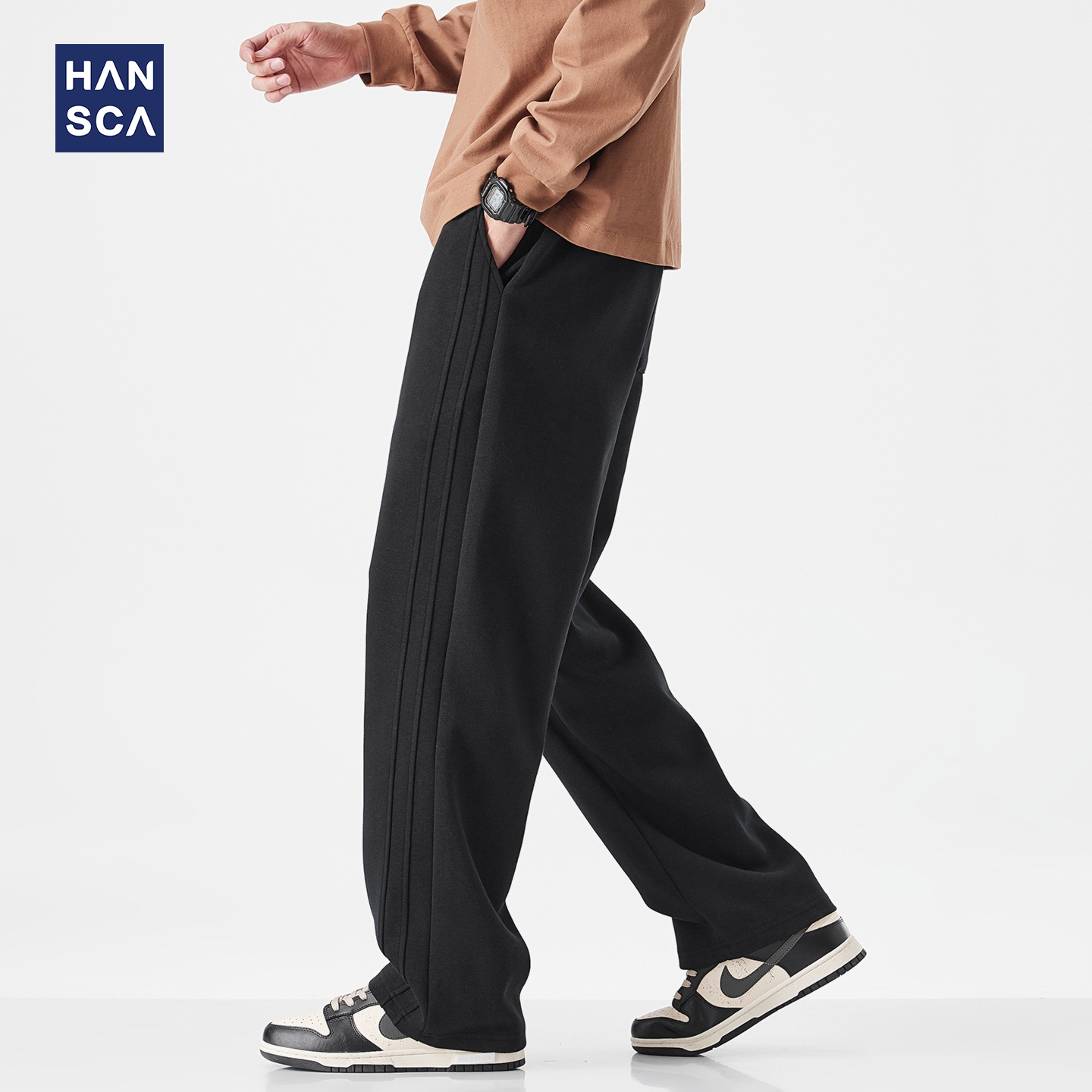 hansca重磅300g直筒抽绳拼接卫裤