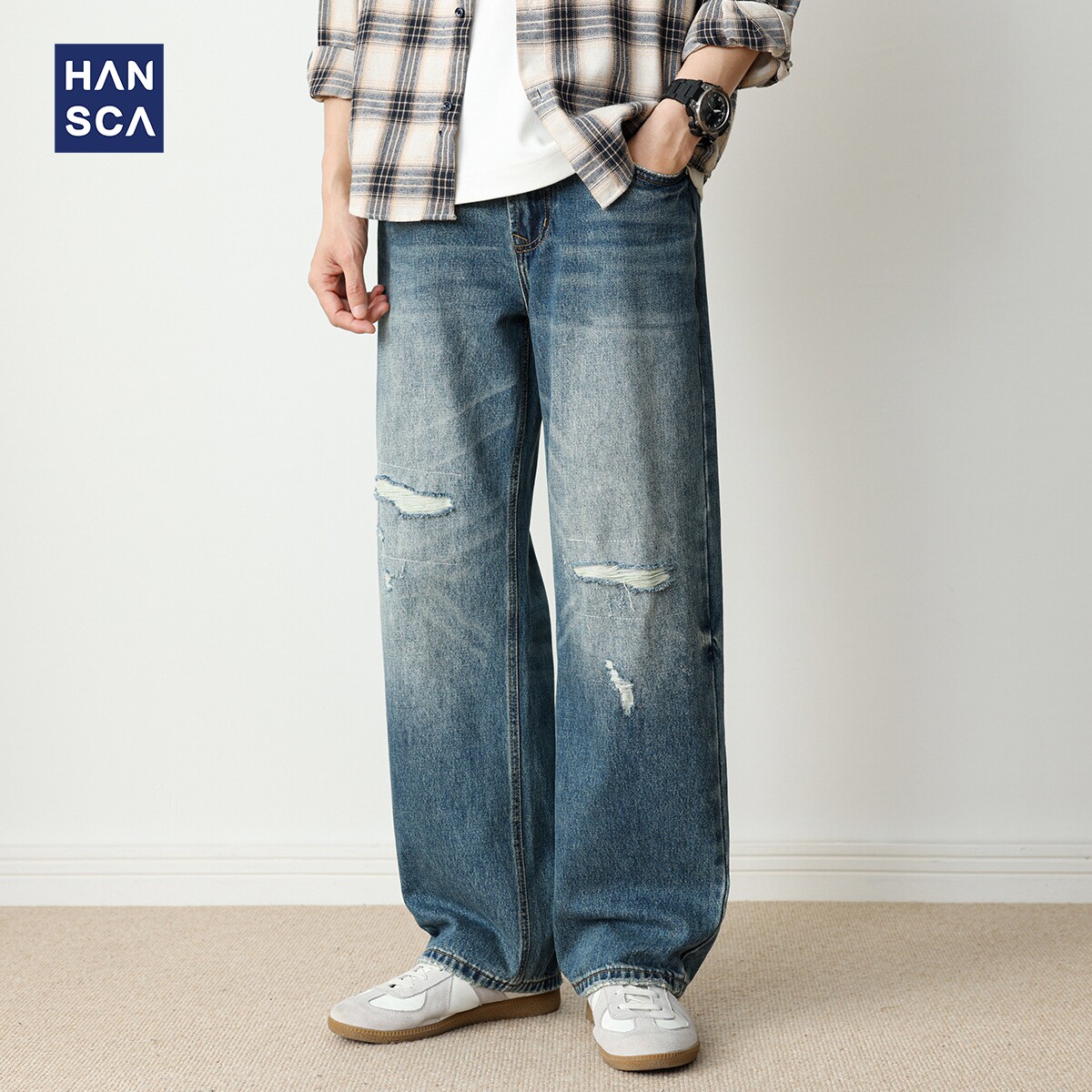 hansca美式cleanfit破洞牛仔裤男2025秋季潮牌直筒
