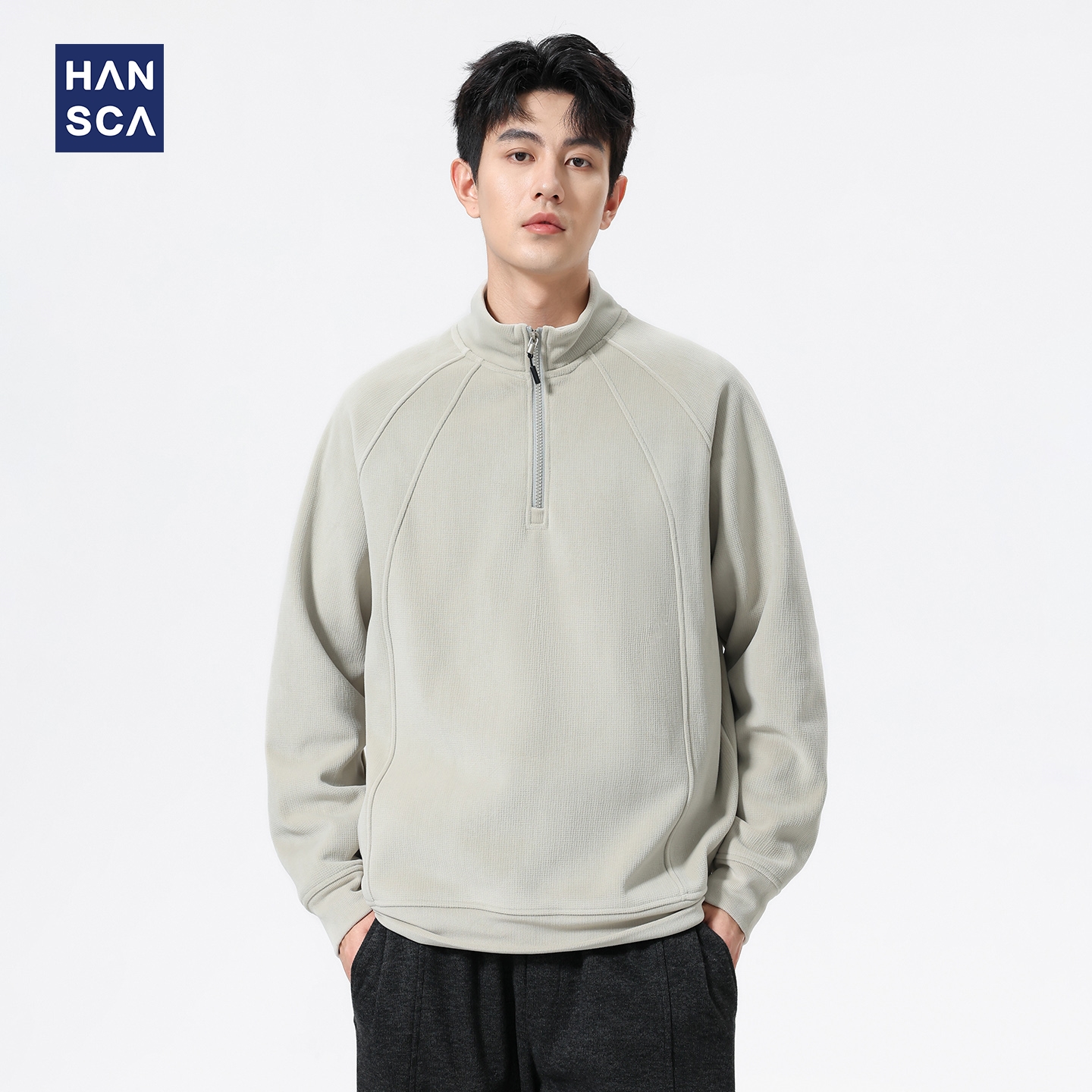 hansca重磅云朵绒半开襟立领卫衣男2025秋季弧形压褶保暖套头上衣