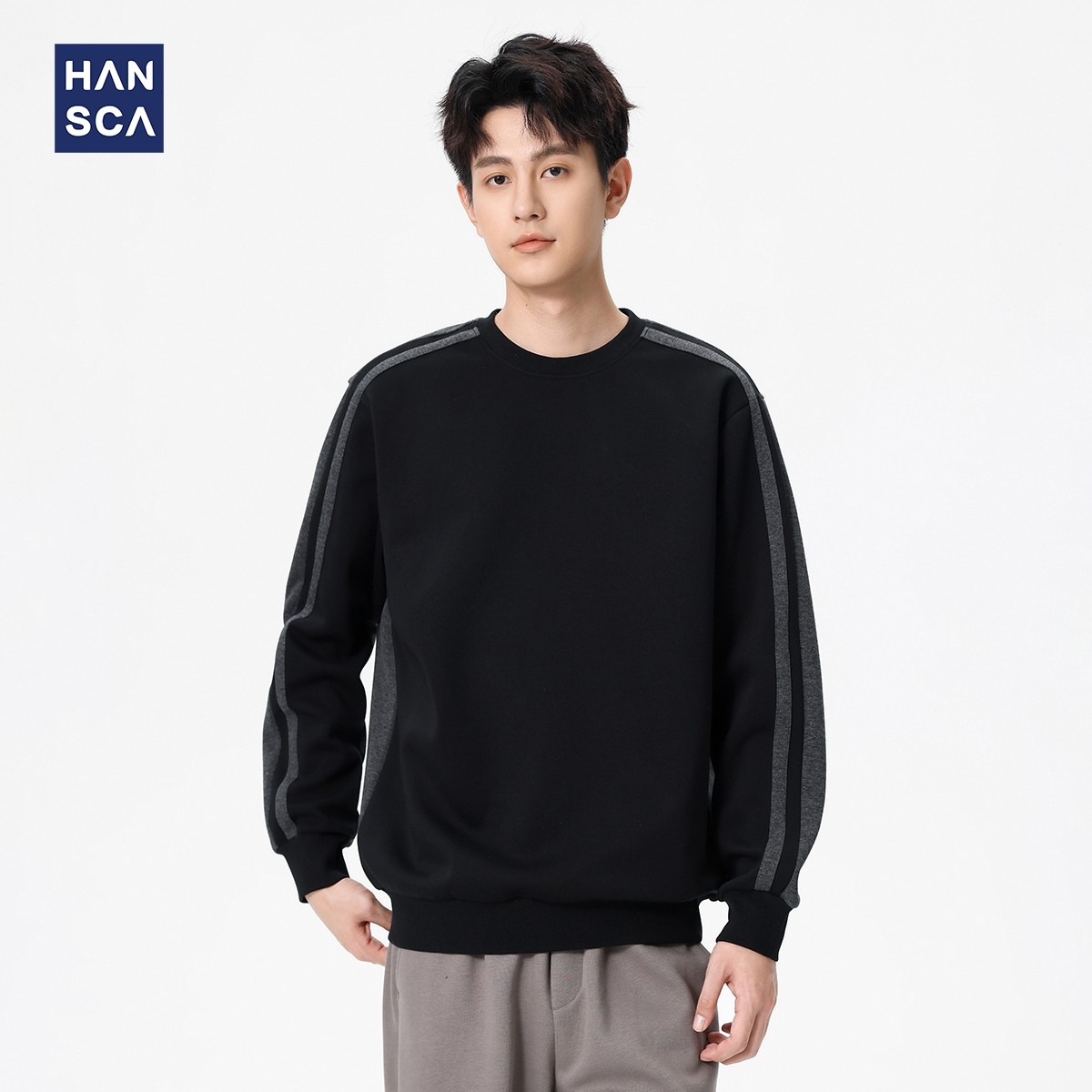 hansca撞色条纹拼接宽松运动卫衣男300g重磅2025秋季潮牌休闲上衣