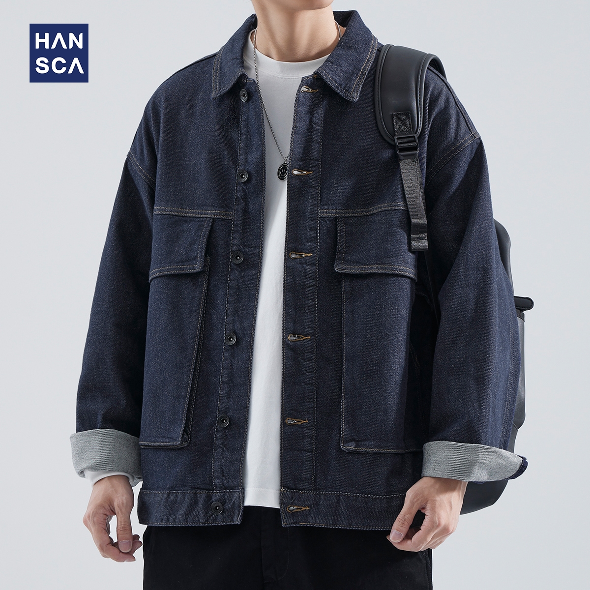 汉斯卡秋季新款牛仔外套男宽松潮