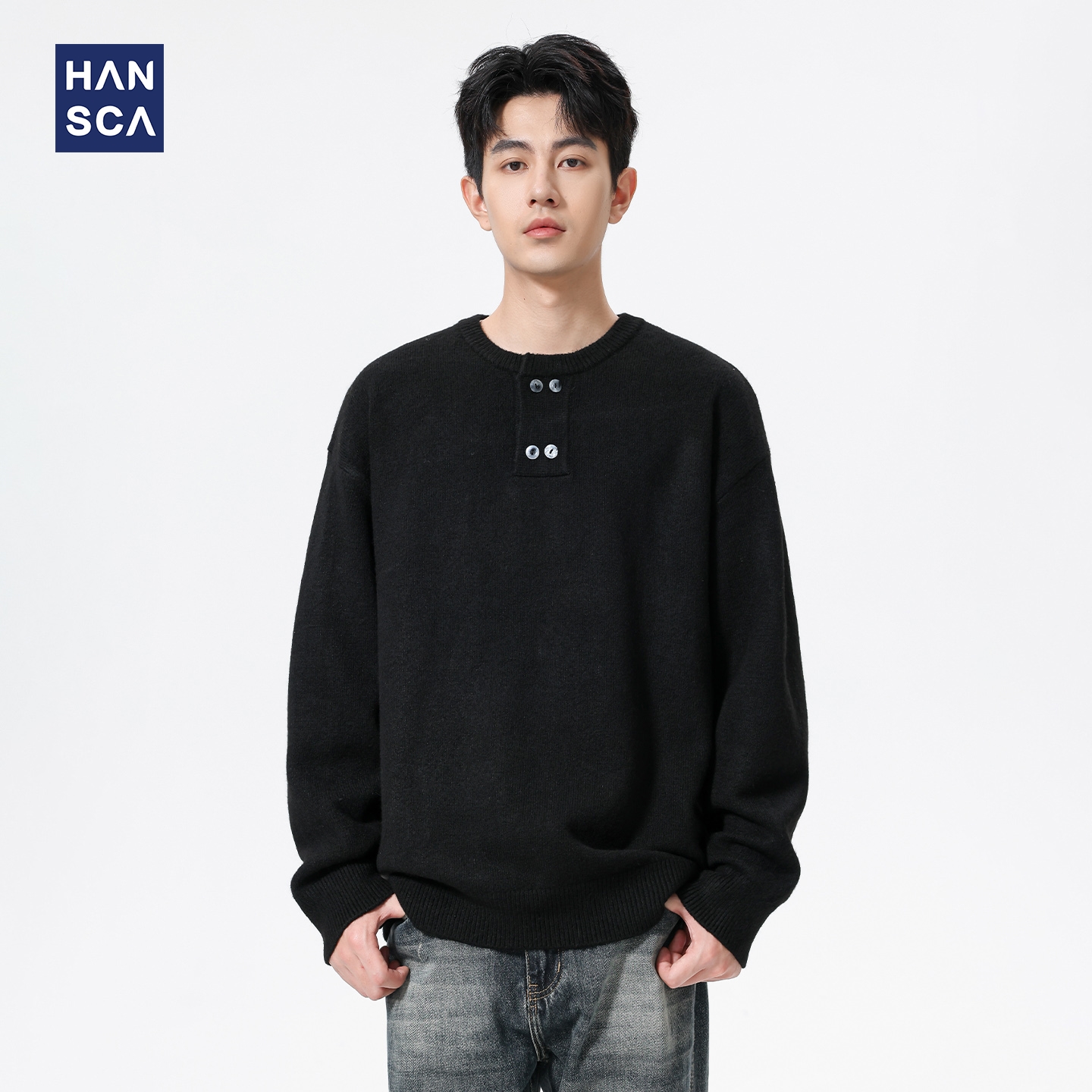 hansca540g仿牛绒亨利领针织毛衣