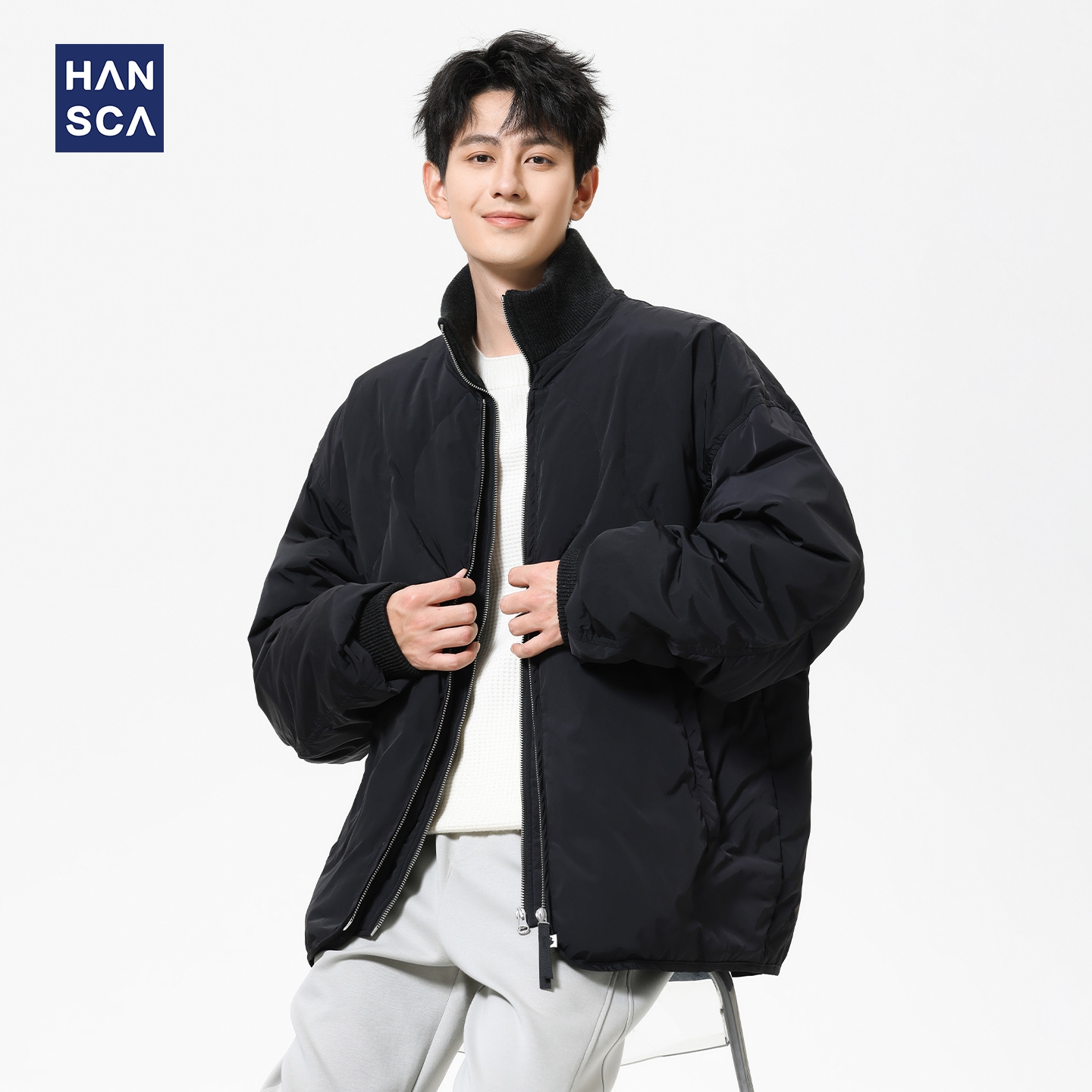 hansca90白鸭绒毛织立领羽绒服男