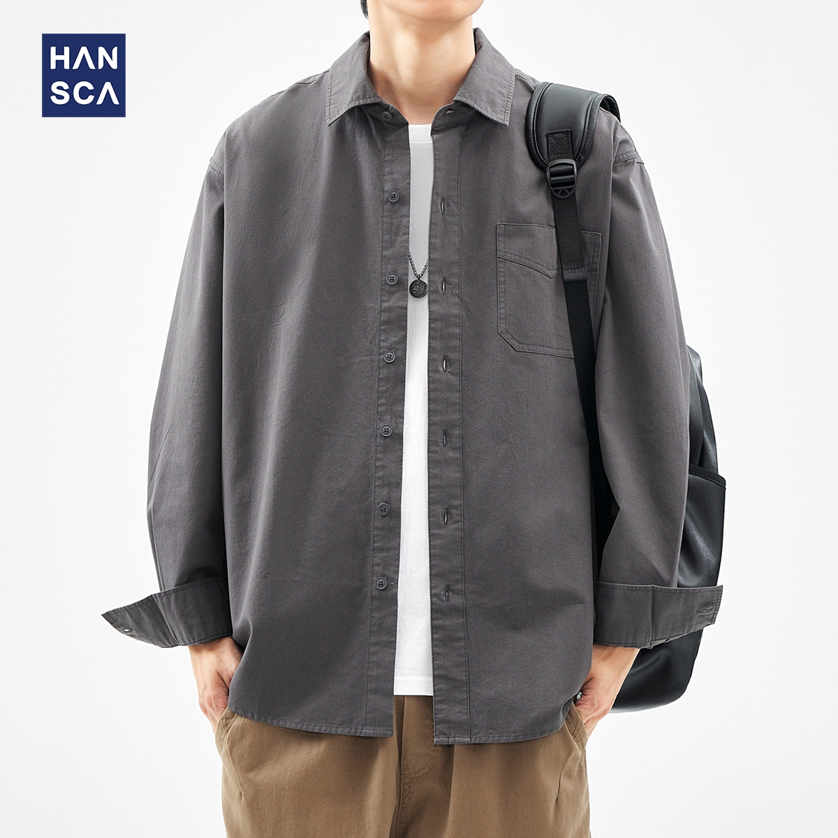 hansca170g精梳斜纹长袖衬衫男春