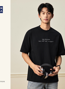 hansca230g美式复古拼接刺绣短袖t恤男春夏款圆领宽松黑色打底衫