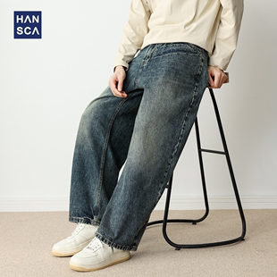 hansca复古美式弯刀牛仔裤2025新款男潮牌高端直筒阔腿做旧长裤子