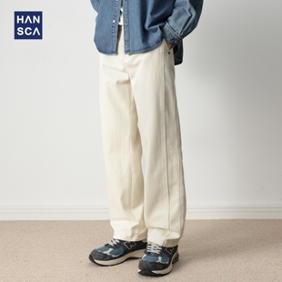 hansca秋季复古拼接纯棉休闲裤男士350g重磅2025新款宽松垂感长裤