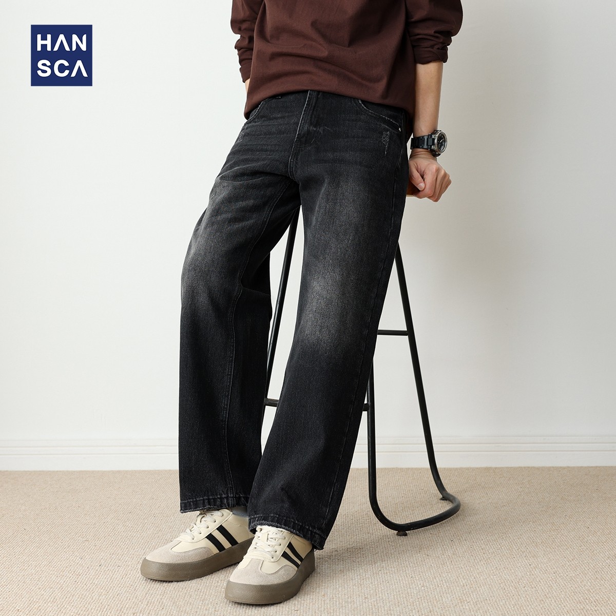 hansca417g重磅直筒水洗宽松黑色牛仔裤男2025秋季美式复古长裤子