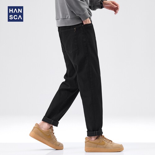 hansca黑色直筒牛仔裤男秋季新款复古水洗做旧纯色简约百搭长裤子