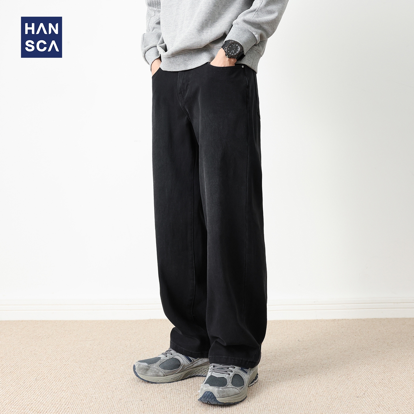 hansca四面弹黑色水洗牛仔裤男2025秋季美式复古竹节纹宽松直筒裤