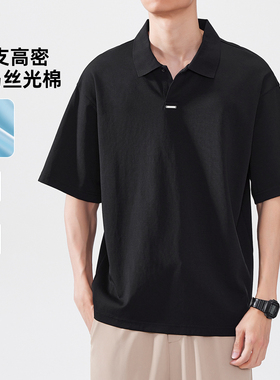 hansca50s罗马丝光棉短袖POLO衫男款2025新款夏季黑色翻领t恤上衣