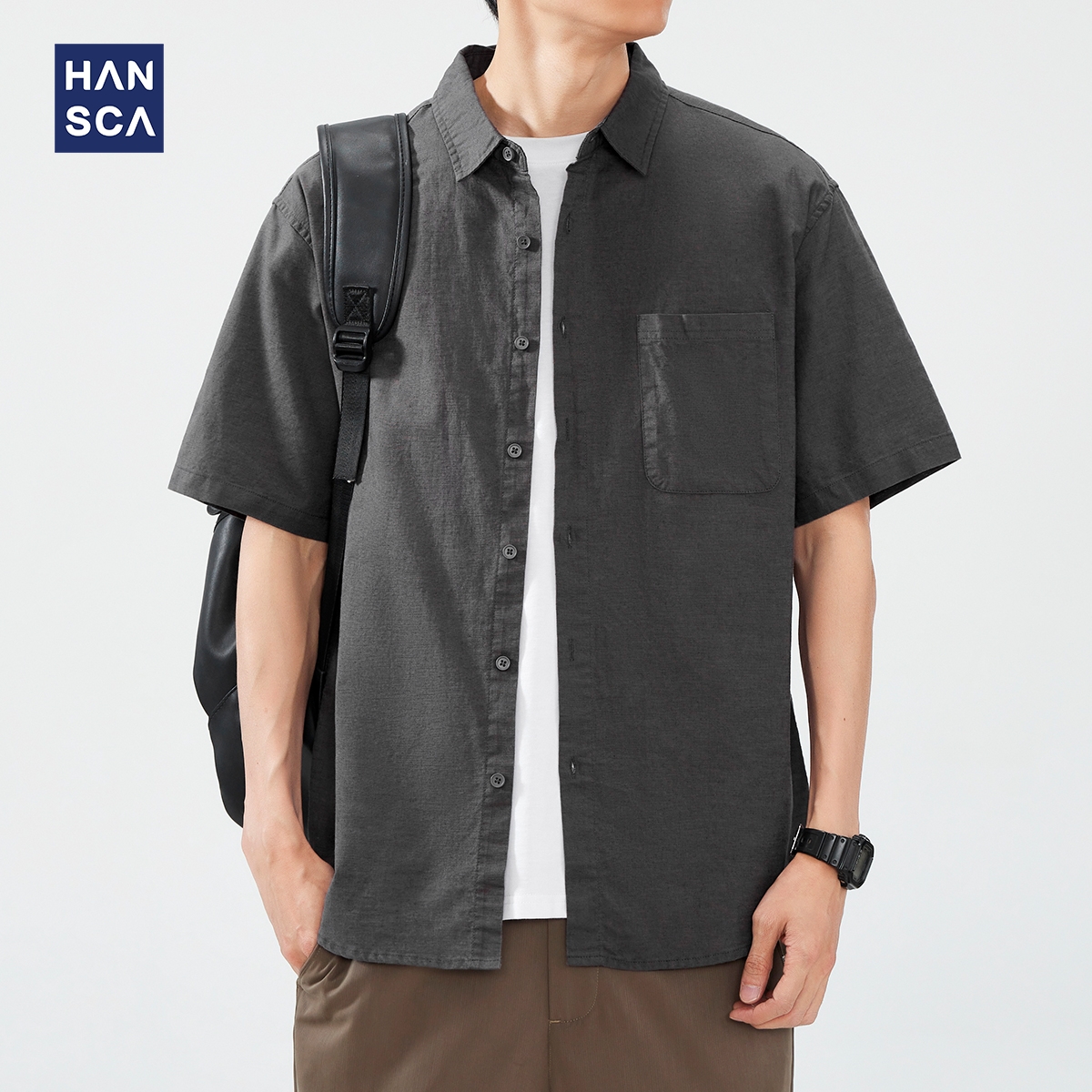 hansca棉麻纯色短袖衬衫男士夏季