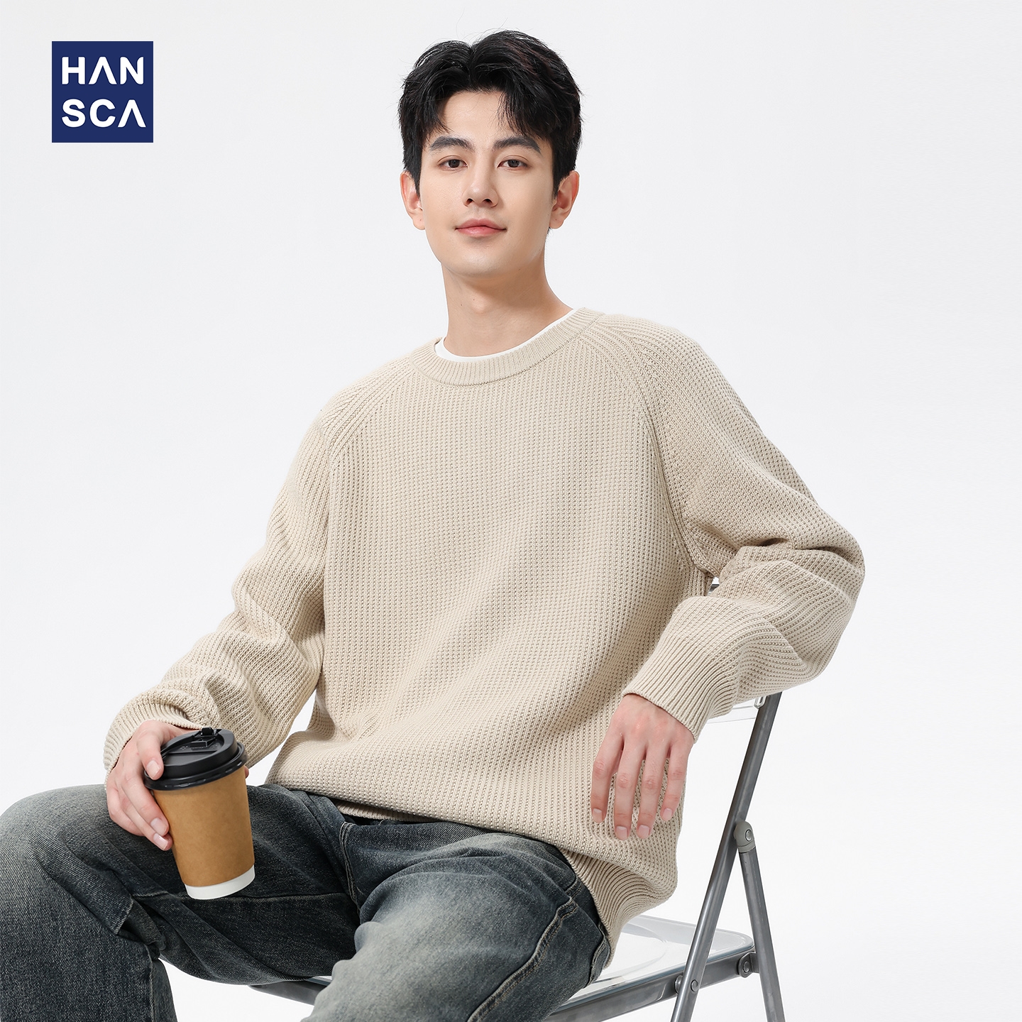 620g重磅假两件圆领黑色毛衣男