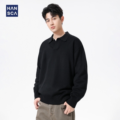 hansca480g蚕丝羊毛黑色翻领毛衣