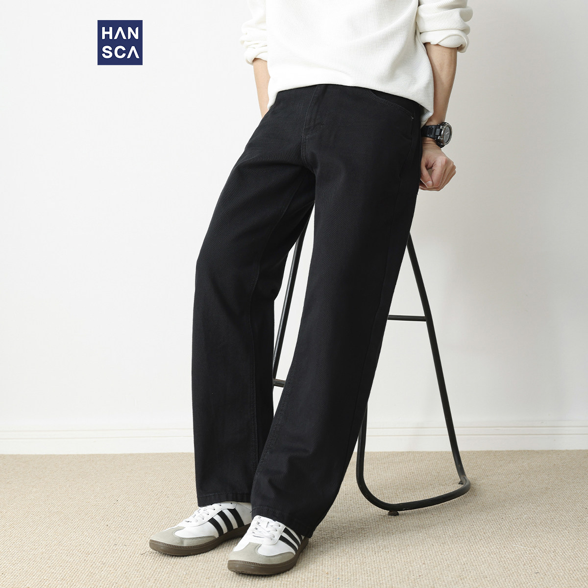 hansca黑色秋季牛仔裤男直筒2025新款400g重磅纯棉痞帅宽松长裤子