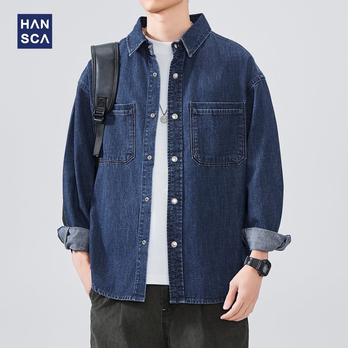 hansca纯棉水洗牛仔衬衫男2025春