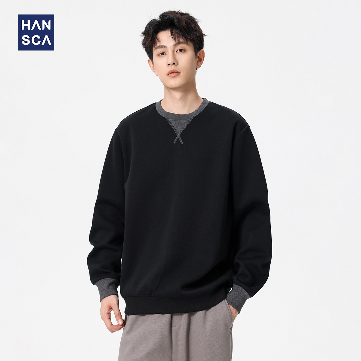 hansca日系复古撞色圆领套头卫衣