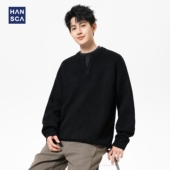 hansca黑色毛衣男高级感男士 宽松老钱风针织衫 圆领外套毛线上衣服