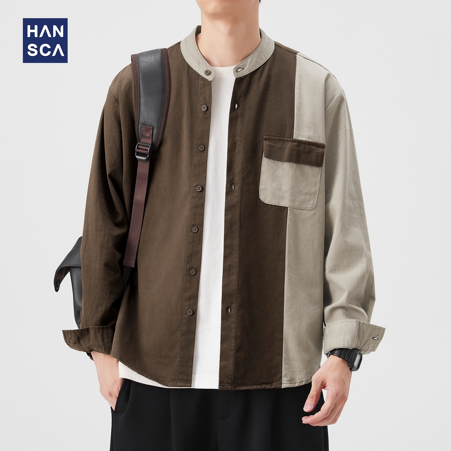 复古撞色拼接纯棉衬衫男长袖