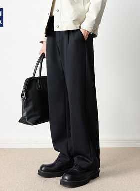 hansca310g黑色直筒休闲裤男秋季高端宽松压褶弹力轻商务通勤裤子