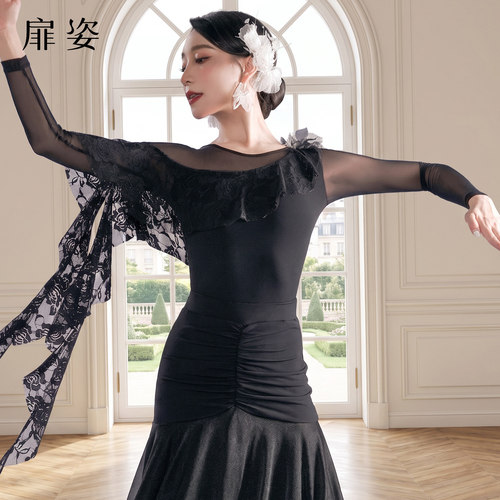 扉姿 摩登舞蹈服女专业交谊舞国标舞服装高档双人舞上连体衣F1508
