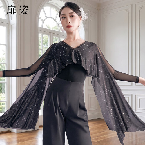 扉姿 摩登舞服女练功服华尔兹飘逸交谊舞烫钻长袖上衣连体衣F1518