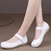 工作鞋 真皮护士鞋 女舒适牛筋底平底软底搭扣透气防臭美容院护理鞋