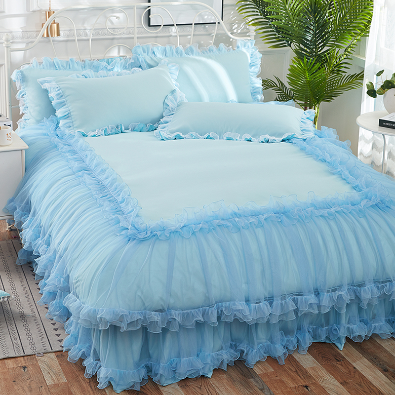 韩式蕾丝公主床裙式四件套1.8米床防滑床罩花边超柔被套4件套纯色