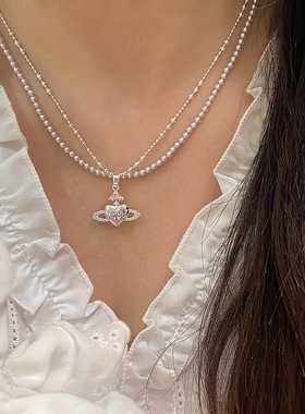 小众设计气质甜美双层叠戴施家珍珠爱心项链粉星球锆石精致颈链女