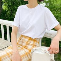 纯棉白色短袖t恤女2024新款早春夏季宽松韩版外穿中长款打底黑色