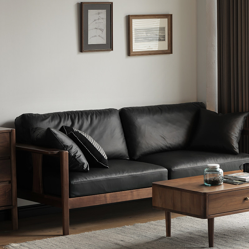 北欧全实木沙发客厅日式小户型黑胡桃木皮质可拆洗三人位组合沙发