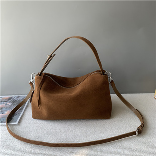 2025秋冬爆款美拉德色系头层牛皮反绒皮单肩斜挎女包简约百搭包包