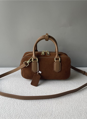 2024秋冬新款保龄球包手提单肩斜挎女包磨砂皮反绒皮高级感潮包