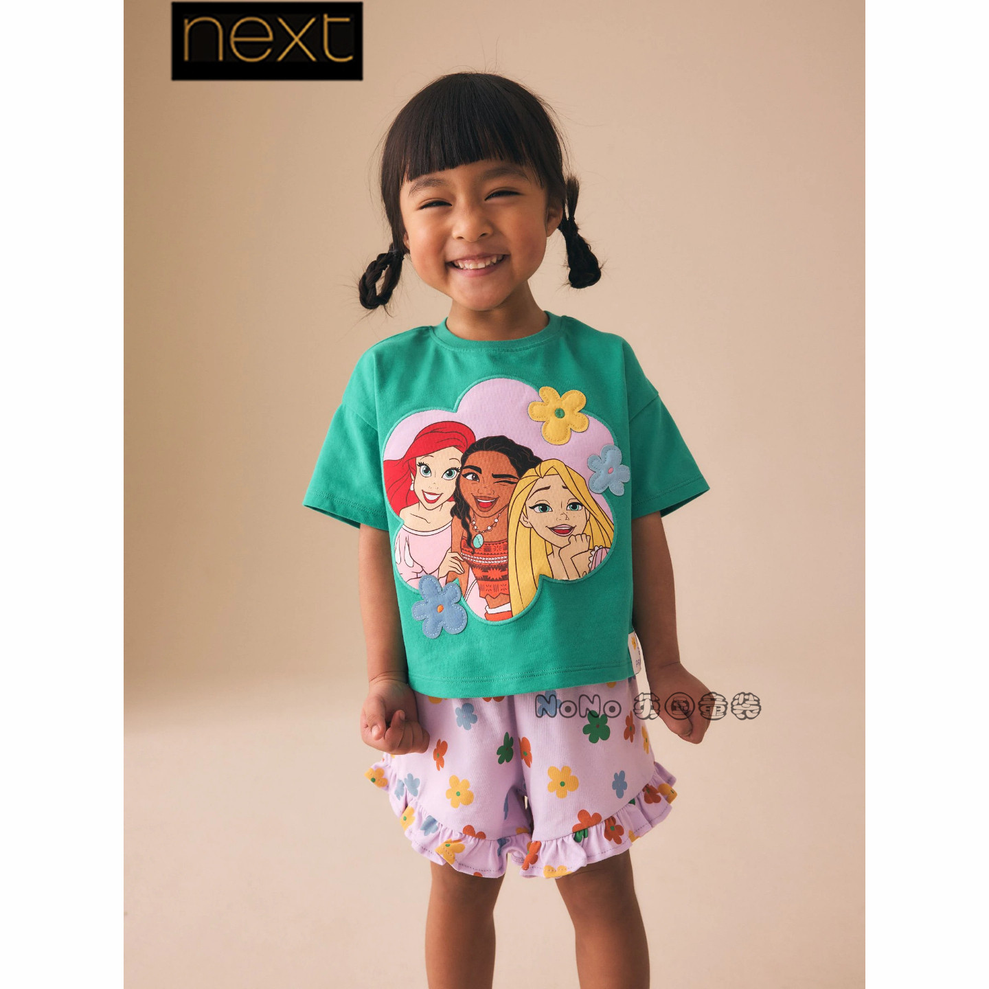 英国Next女童迪士尼公主绿色短袖T恤衫短裤套装全棉1-7岁V04-198