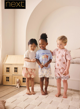 英国Next女童粉蓝色小熊樱桃家居服睡衣裤短袖全棉1-10岁H64-428
