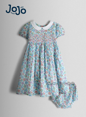英国JoJo Maman Bebe女童蓝色小碎花打揽翻领全棉连衣裙V02-477