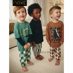 纯棉B33 T恤家居服睡衣秋裤 805 男童恐龙条纹格子长袖 英国Next正品